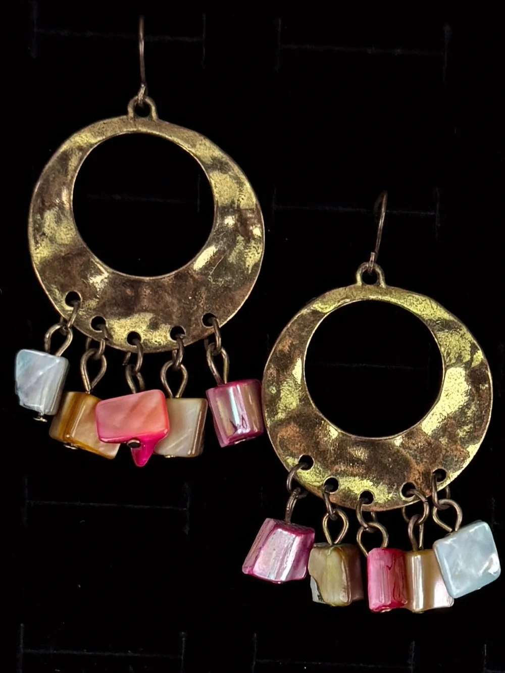 Vintage brasstone hammered multicolored stone costume pierced earrings